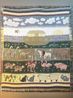 Vintage Noah’s Ark Woven Throw Blanket, Fringe Hem 4x5 feet